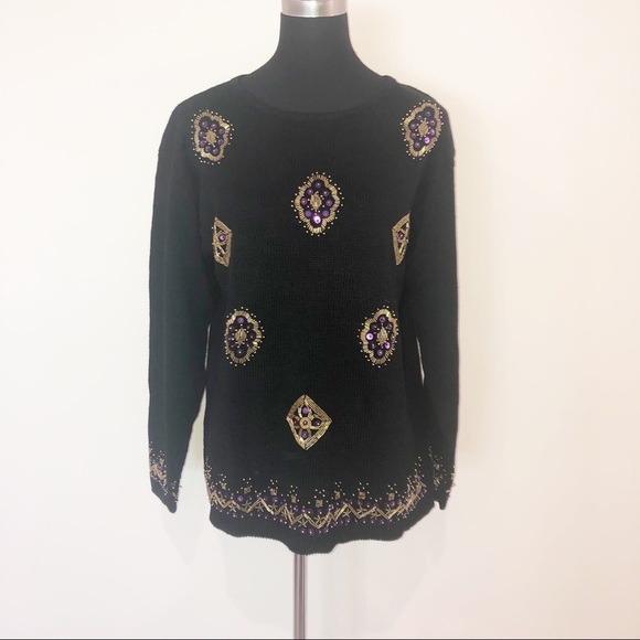 VINTAGE Sweater Womens medium Black Knit Beaded Pullover Ugly Christmas Sequin - Picture 5 of 8